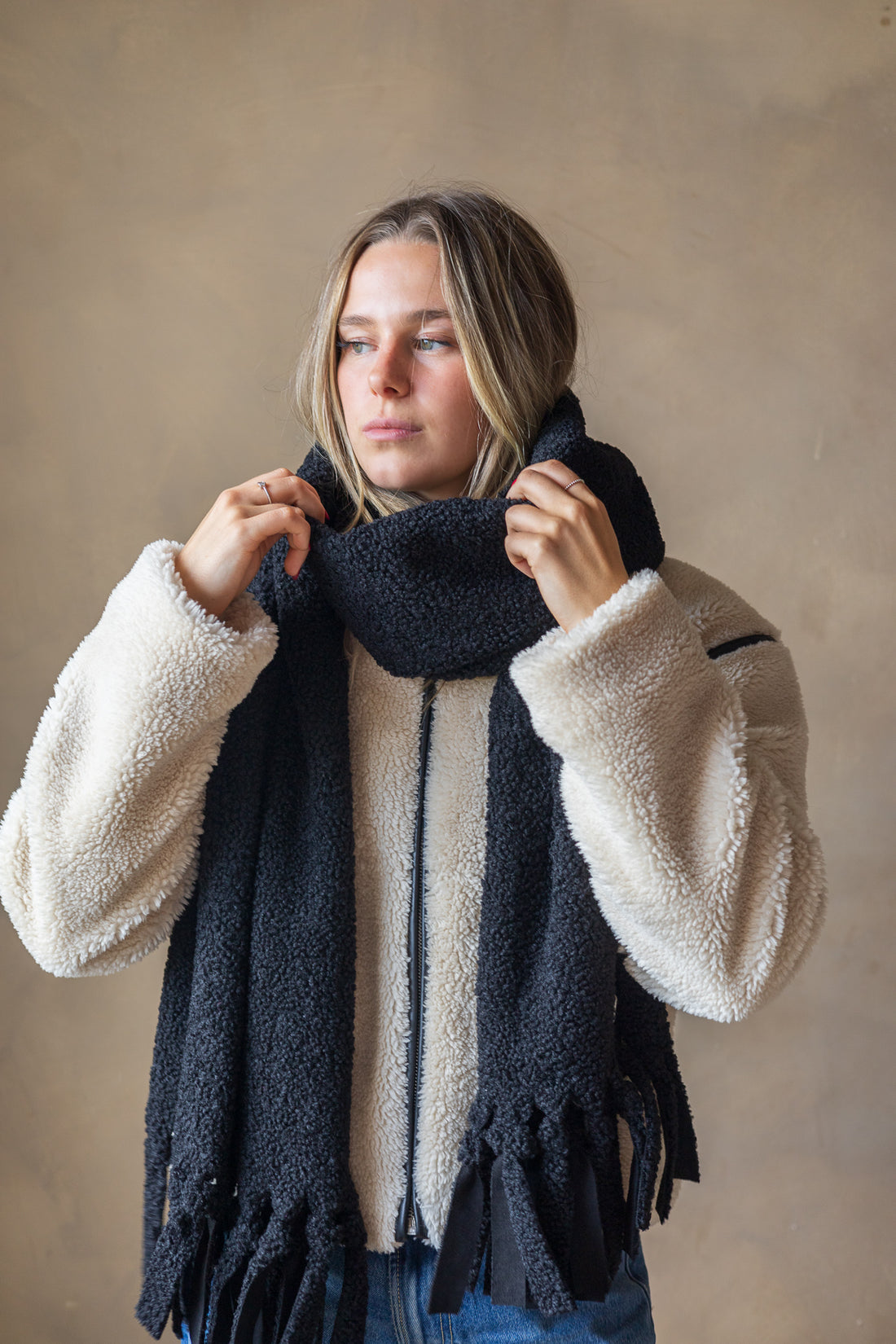 Black sherpa fringed scarf