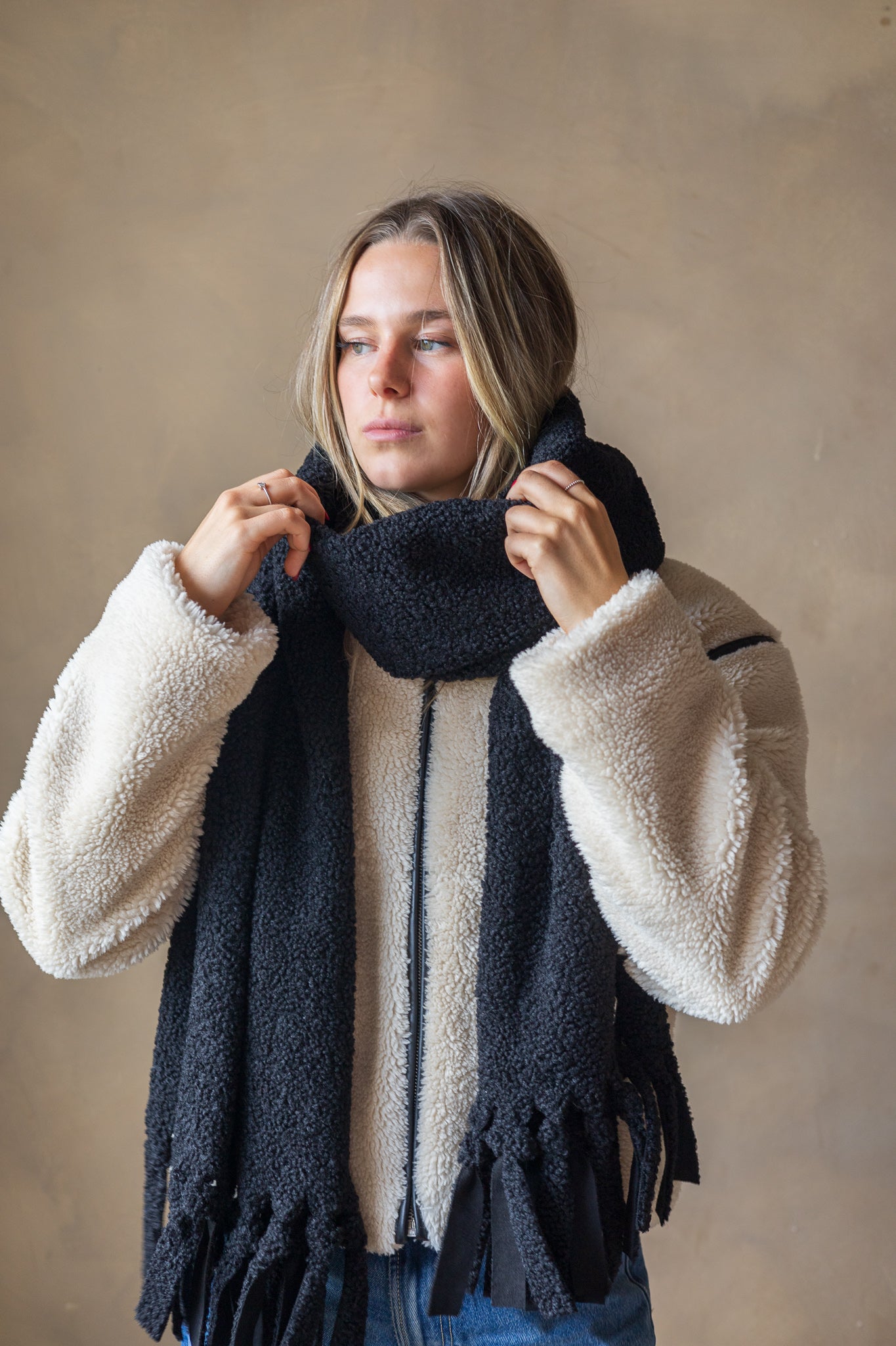 Black sherpa fringed scarf