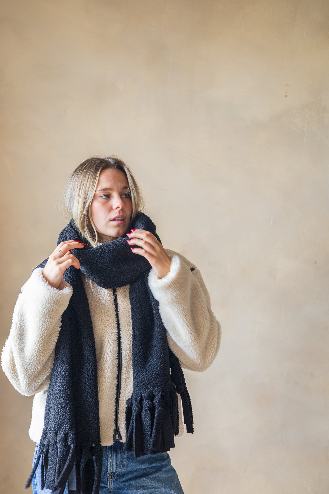 Black sherpa fringed scarf